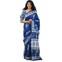 JALTHER Handicrafts Womens Ikat Hand Block Print Jaipuri Cotton Mulmul Saree with Blouse Piece - Blue_114