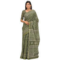 JALTHER Handicrafts Womens Ikat Hand Block Print Jaipuri Cotton Mulmul Saree Zari Border with Blouse Piece Green