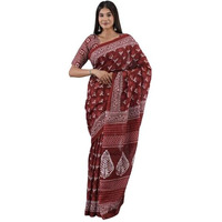 JALTHER Handicrafts Womens Ikat Hand Block Print Jaipuri Cotton Mulmul Saree with Blouse Piece -Maroon_7