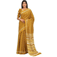 JALTHER Handicrafts Womens Ikat Hand Block Print Jaipuri Cotton Mulmul Saree Zari Border with Blouse Piece Yellow