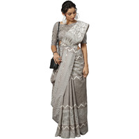 AKHILAM Womens Bhagalpuri Silk Geometric Printed Tant Saree with Unstitched Blouse Piece (Grey_18WOM18908)