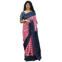 JALTHER Handicrafts Womens Ikat Hand Block Print Jaipuri Cotton Mulmul Saree Zari Border with Blouse Piece Maroon