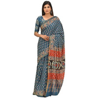 JALTHER Handicrafts Womens Ikat Hand Block Print Jaipuri Cotton Mulmul Saree Zari Border with Blouse Piece Blue