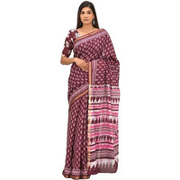 JALTHER Handicrafts Womens Ikat Hand Block Print Jaipuri Cotton Mulmul Saree Zari Border with Blouse Piece Maroon