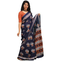 JALTHER Handicrafts Womens Ikat Hand Block Print Jaipuri Cotton Mulmul Saree with Blouse Piece - Blue_458