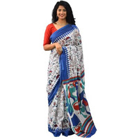 JALTHER Handicrafts Womens Ikat Hand Block Print Jaipuri Cotton Mulmul Saree with Blouse Piece - Blue_162
