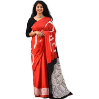 JALTHER Handicrafts Womens Ikat Hand Block Print Jaipuri Cotton Mulmul Saree with Blouse Piece - Red_161