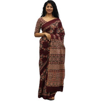 JALTHER Handicrafts Womens Ikat Hand Block Print Jaipuri Cotton Mulmul Saree with Blouse Piece - Maroon_451