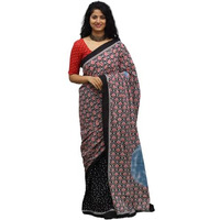 JALTHER Handicrafts Womens Ikat Hand Block Print Jaipuri Cotton Mulmul Saree with Blouse Piece - Black_446
