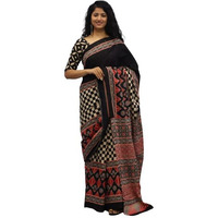 JALTHER Handicrafts Womens Ikat Hand Block Print Jaipuri Cotton Mulmul Saree with Blouse Piece - Black_450