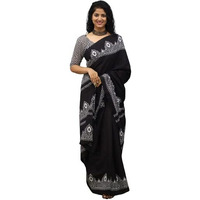 JALTHER Handicrafts Womens Ikat Hand Block Print Jaipuri Cotton Mulmul Saree with Blouse Piece - Black_88
