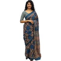JALTHER Handicrafts Womens Ikat Hand Block Print Jaipuri Cotton Mulmul Saree with Blouse Piece - Multi_448