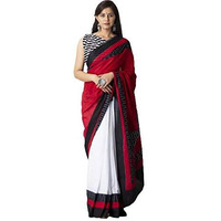 JALTHER Handicrafts Womens Ikat Hand Block Print Jaipuri Cotton Mulmul Saree Zari Border with Blouse Piece -WhiteRed_5