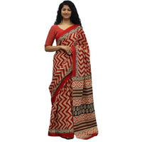 JALTHER Handicrafts Womens Ikat Hand Block Print Jaipuri Cotton Mulmul Saree with Blouse Piece - Red_455