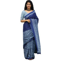 JALTHER Handicrafts Womens Ikat Hand Block Print Jaipuri Cotton Mulmul Saree with Blouse Piece - Blue_92