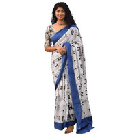 JALTHER Handicrafts Womens Ikat Hand Block Print Jaipuri Cotton Mulmul Saree with Blouse Piece - Blue_228