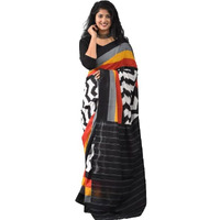 JALTHER Handicrafts Womens Ikat Hand Block Print Jaipuri Cotton Mulmul Saree with Blouse Piece - Black_36