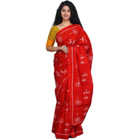 JALTHER Handicrafts Womens Ikat Hand Block Print Jaipuri Cotton Mulmul Saree with Blouse Piece - Maroon_17