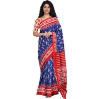 JALTHER Handicrafts Womens Ikat Hand Block Print Jaipuri Cotton Mulmul Saree with Blouse Piece - Blue_