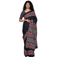 JALTHER Handicrafts Womens Ikat Hand Block Print Jaipuri Cotton Mulmul Saree with Blouse Piece - Black_27