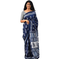 JALTHER Handicrafts Womens Ikat Hand Block Print Jaipuri Cotton Mulmul Saree with Blouse Piece - Blue_39