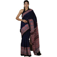 JALTHER Womens Ikat Hand Block Print Jaipuri Cotton Mulmul Saree with Blouse Piece -Blue_Shiv_2007