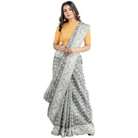 Anchol Saree Womens Traditional Bengal Handloom Cotton Silk Jamdani Saree, (AS_Silver_076)