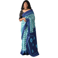 JALTHER Handicrafts Womens Ikat Hand Block Print Jaipuri Cotton Mulmul Saree with Blouse Piece - Blue_31