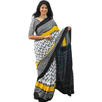JALTHER Handicrafts Womens Ikat Hand Block Print Jaipuri Cotton Mulmul Saree with Blouse Piece - Yellow_1108
