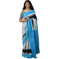 JALTHER Handicrafts Womens Ikat Hand Block Print Jaipuri Cotton Mulmul Saree with Blouse Piece - White_1104