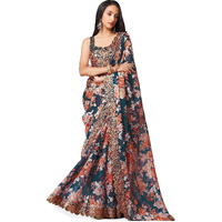 Zeel Clothing Womens Floral Organza Heavy Sequins Saree with Blouse (1104-DoveBlue-Floral-Party-Wedding-Saree, Free Size) (Navy Blue)