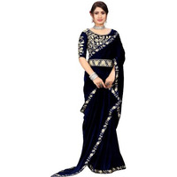 Dream Crushers Womens Pure velvet Saree With Embroidery Sequien Cording Lace Border Saree With Unstiched Blouse Piece (Navy Blue)