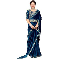 Dream Crushers Womens Pure velvet Saree With Embroidery Sequien Cording Lace Border Saree With Unstiched Blouse Piece (Peacock)