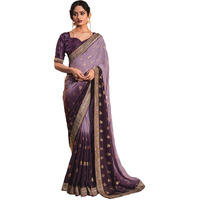 Satrani Womens Georgette Lace & Foil Printed Saree with Unstitched Blouse Piece (2826S478NA_Wine & Light Purple5)