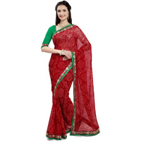Amazon Brand - Anarva Womens Red Chiffon Bandhani Printed Saree With Lace And Blouse Piece