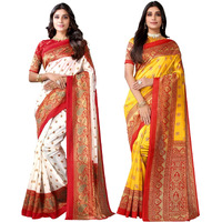 Satrani Womens Knit Silk Blend Saree (2329S781N_2475S105N_White || Yellow)