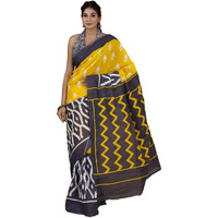 JALTHER Womens Ikat Hand Block Print Jaipuri Cotton Mulmul Saree with Blouse Piece -Yellow_Shiv_2025