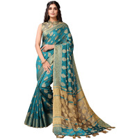 Satrani Womens Woven Cotton Blend Saree (2497SN3016_Rama Green)