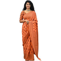 JALTHER Handicrafts Womens Ikat Hand Block Print Jaipuri Cotton Mulmul Saree with Blouse Piece - Orange_252