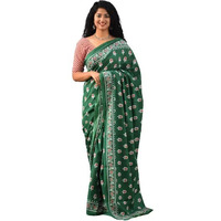 JALTHER Handicrafts Womens Ikat Hand Block Print Jaipuri Cotton Mulmul Saree with Blouse Piece - Green_379