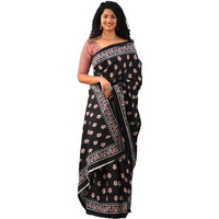JALTHER Handicrafts Womens Ikat Hand Block Print Jaipuri Cotton Mulmul Saree with Blouse Piece - Black_378