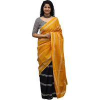 JALTHER Handicrafts Womens Ikat Hand Block Print Jaipuri Cotton Mulmul Saree with Blouse Piece - Yellow_371