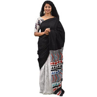 JALTHER Handicrafts Womens Ikat Hand Block Print Jaipuri Cotton Mulmul Saree with Blouse Piece - Black_360