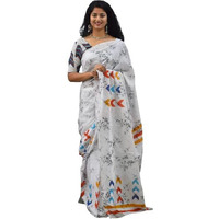 JALTHER Handicrafts Womens Ikat Hand Block Print Jaipuri Cotton Mulmul Saree with Blouse Piece - White_358