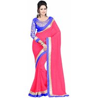 Winza Womens Chanderi Chiffon sarees for women Tomato Pink Free