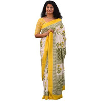 JALTHER Handicrafts Womens Ikat Hand Block Print Jaipuri Cotton Mulmul Saree with Blouse Piece - Yellow_150