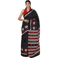 JALTHER Womens Ikat Hand Block Print Jaipuri Cotton Mulmul Saree with Blouse Piece -Black_Shiv_2039