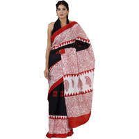 JALTHER Womens Ikat Hand Block Print Jaipuri Cotton Mulmul Saree with Blouse Piece -Red_Shiv_2040