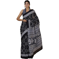 JALTHER Womens Ikat Hand Block Print Jaipuri Cotton Mulmul Saree with Blouse Piece -Black_Shiv_2033