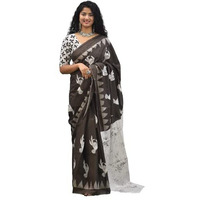 JALTHER Handicrafts Womens Ikat Hand Block Print Jaipuri Cotton Mulmul Saree with Blouse Piece - Brown_308